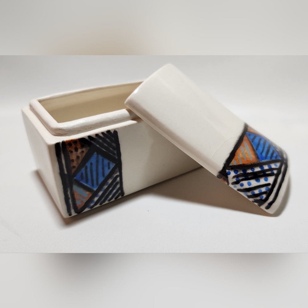 Ann Mortimer “Elements” Lidded Box – Abstract Geometric Design – Poole Pottery